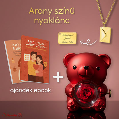 Örökrózsa mackó - Egyedi gravírozott nyaklánccal