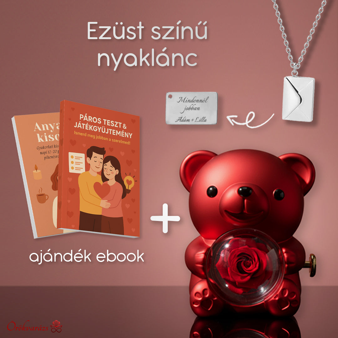 Örökrózsa mackó - Egyedi gravírozott nyaklánccal