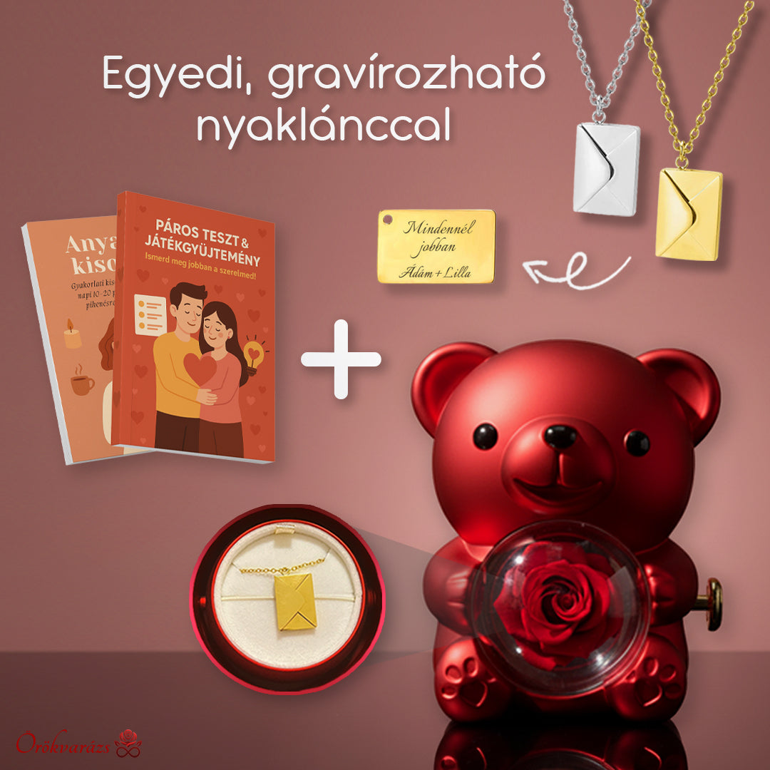 Örökrózsa mackó - Egyedi gravírozott nyaklánccal