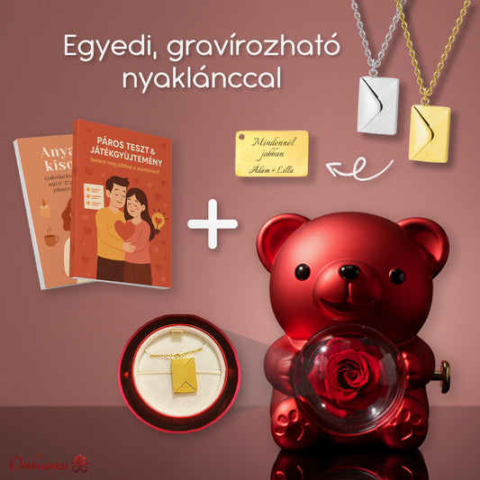 Örökrózsa mackó - Egyedi gravírozott nyaklánccal